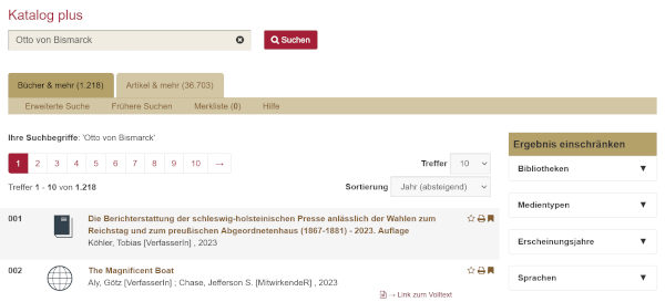 Abbildung 1. Katalog plus der UB Tübingen Trefferanzeige von Katalog und Discoverysystem